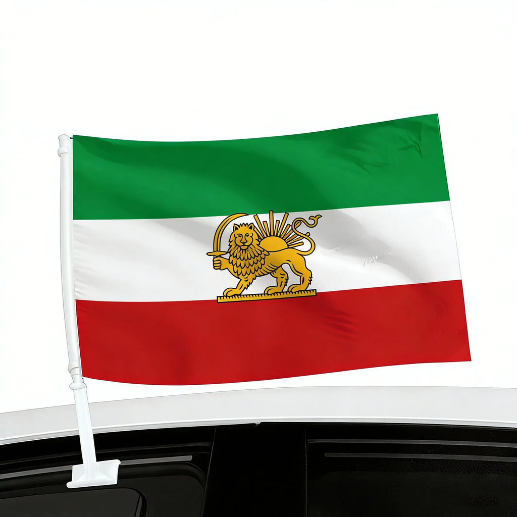 Old Iranian Sun & Lion Flag | Persian Car Window Mount Flag with Stick | Durable Polyester Fabric