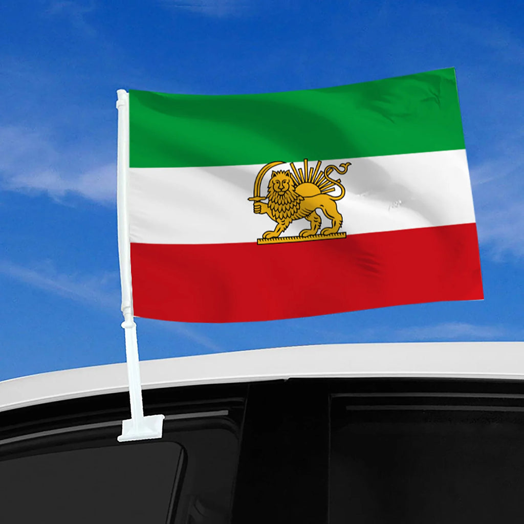 Old Iranian Sun & Lion Flag | Persian Car Window Mount Flag with Stick | Durable Polyester Fabric
