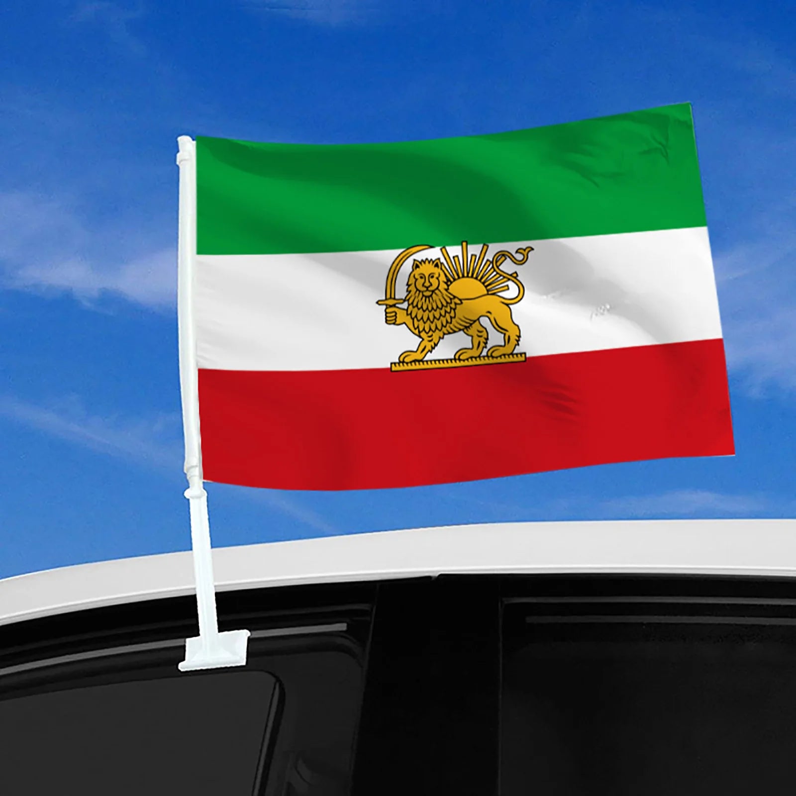 Old Iranian Sun & Lion Flag – Persian Car Window Mount Flag with Stick | Durable Polyester Fabric