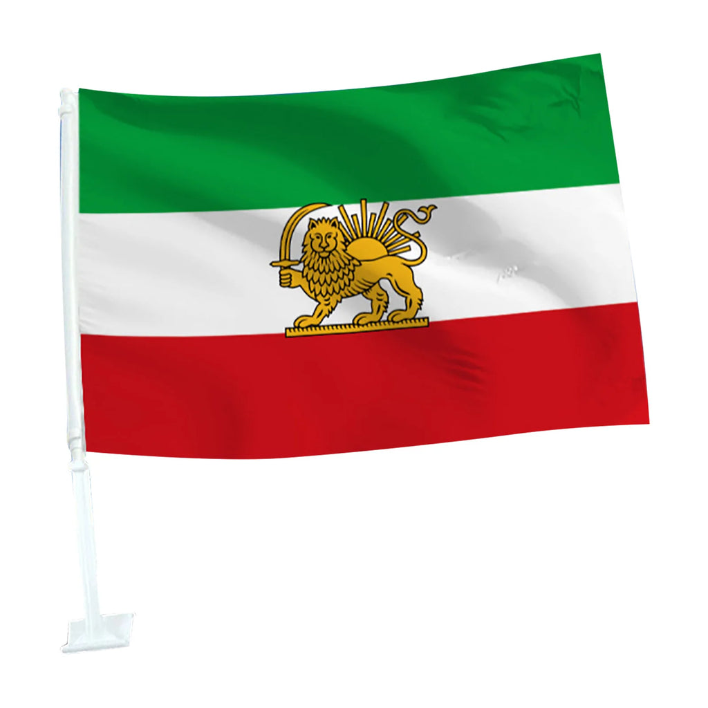 Old Iranian Sun & Lion Flag | Persian Car Window Mount Flag with Stick | Durable Polyester Fabric